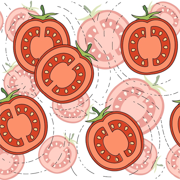 Patrón sin costuras de rodajas de tomate con hojas verdes ilustración vectorial plana sobre fondo blanco