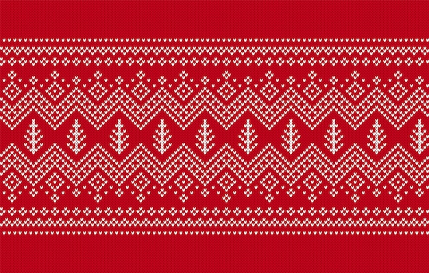 Patrón sin costuras rojo de Navidad Fondo de punto de vacaciones con ornamento de árboles Frontera geométrica de Navidad