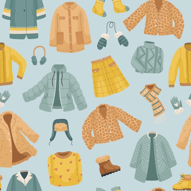 El patrón sin costuras con ropa de invierno. Abrigos, el conjunto de vectores de ropa de invierno. Abrigos, gorros, guantes, zapatos y calcetines.