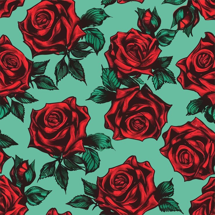 Un patrón sin costuras de rosas rojas sobre un fondo turquesa