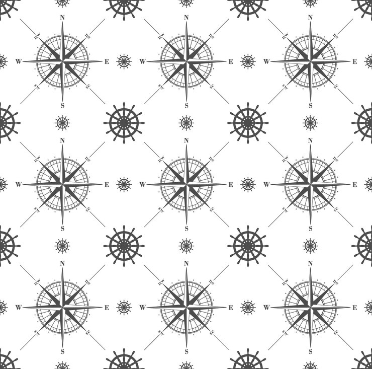 Vector patrón sin costuras con rosas de los vientos y volantes aislados en blanco ilustración vectorial
