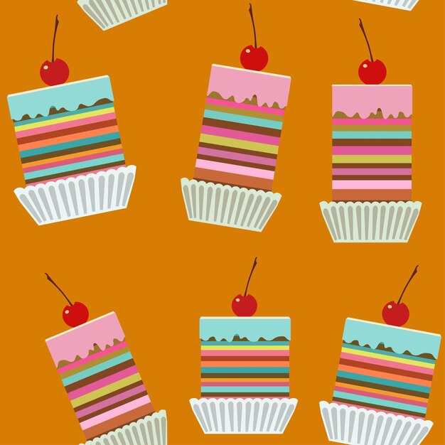 Patrón sin costuras con sabrosos pasteles cremosos con cerezas
