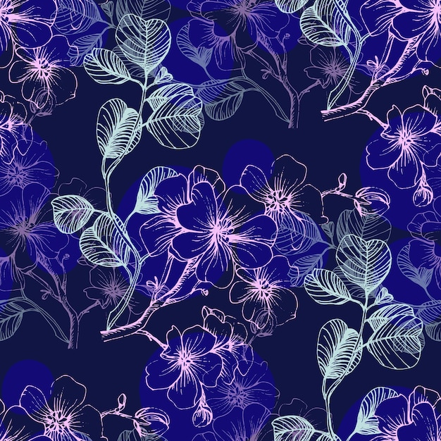 Patrón sin costuras con sakura y eucalipto Estilo de boceto de color fondo dibujado a mano Ilustración detallada dibujada a mano Ideal para embalajes de invitaciones de telas y impresiones textiles
