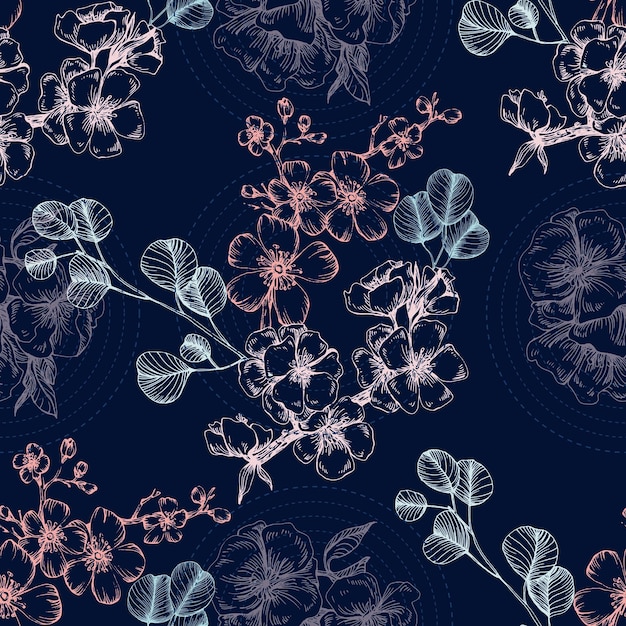 Patrón sin costuras con sakura y eucalipto Estilo de boceto de color fondo dibujado a mano Ilustración detallada dibujada a mano Ideal para embalajes de invitaciones de telas y impresiones textiles