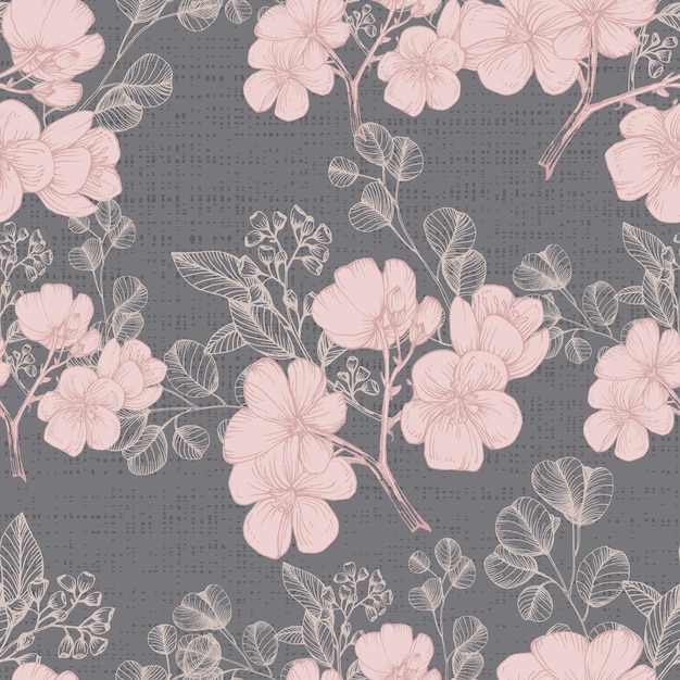 Patrón sin costuras con sakura y eucalipto Estilo de boceto de color fondo dibujado a mano Ilustración detallada dibujada a mano Ideal para embalajes de invitaciones de telas y impresiones textiles