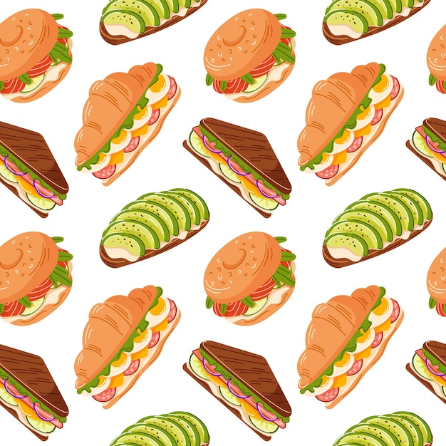 Patrón sin costuras con sándwiches de tostadas de aguacate bagel croissant en estilo plano perfecto para el diseño de alimentos
