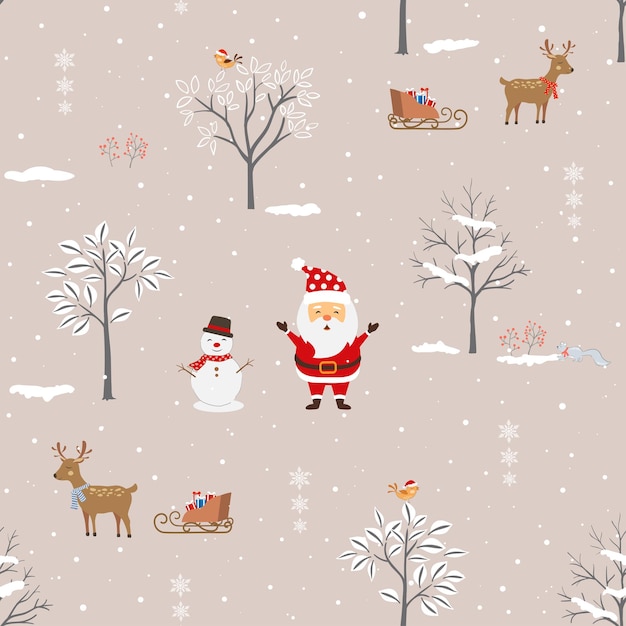 Patrón sin costuras con Santa Claus y amigos felices en la noche de invierno