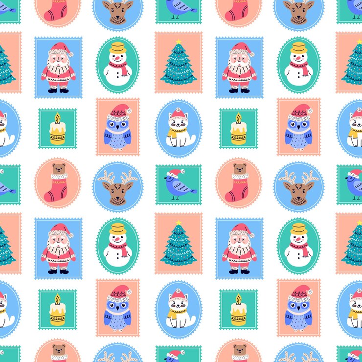 Vector patrón sin costuras con sellos postales con simpáticos personajes de estilo doodlestyle cada uno capturando el encanto de la navidad