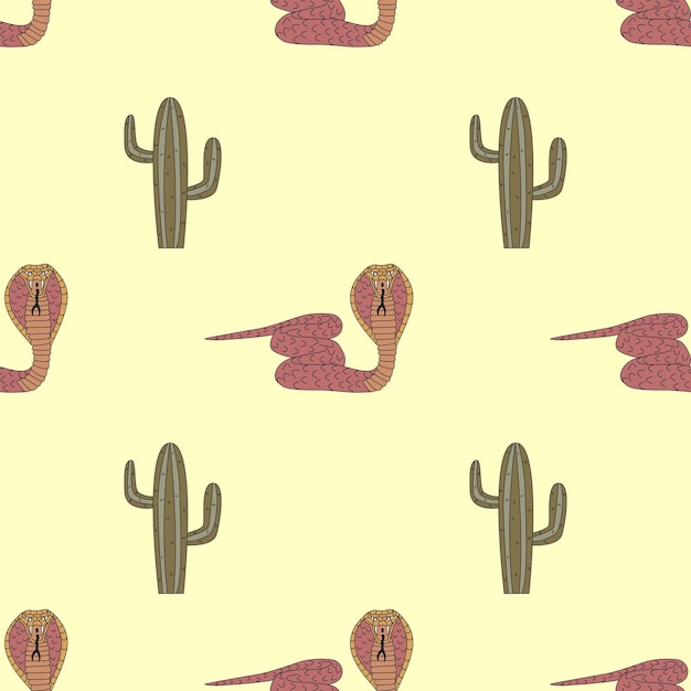 Patrón sin costuras con serpientes y cactus Ilustración de vector plano dibujado a mano