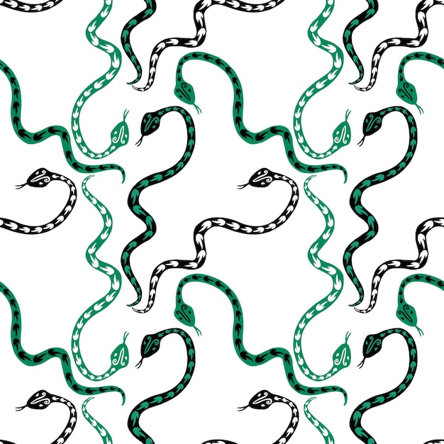 Patrón sin costuras de serpientes verdes y negras rastreras