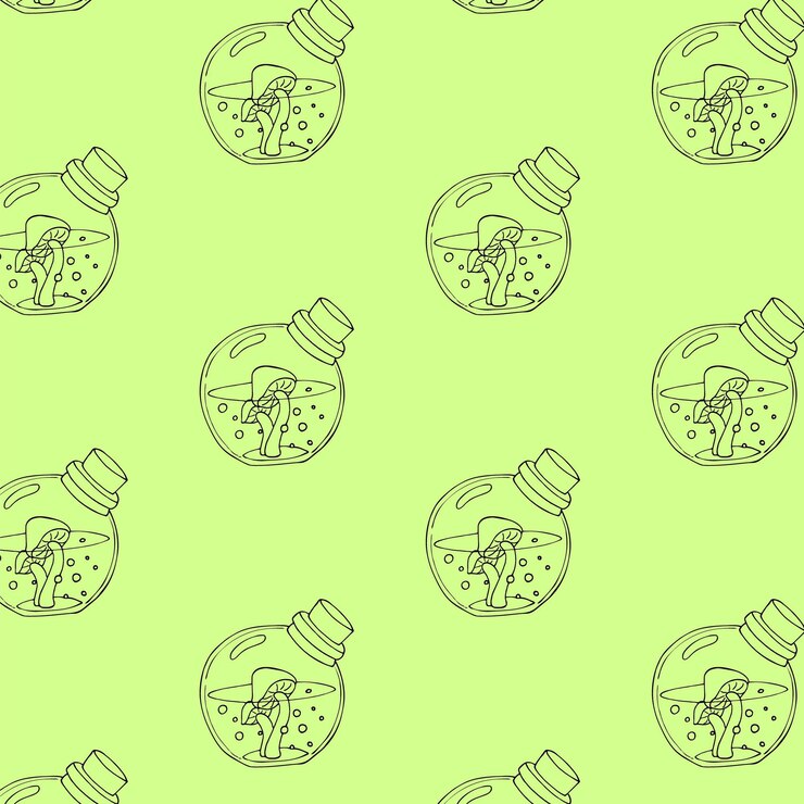 Vector patrón sin costuras de setas mágicas en una botella sobre un fondo verde botella de elixir mágico con concepto de arte de línea de setas ilustración de la botella mágica con setas en el interior con corcho