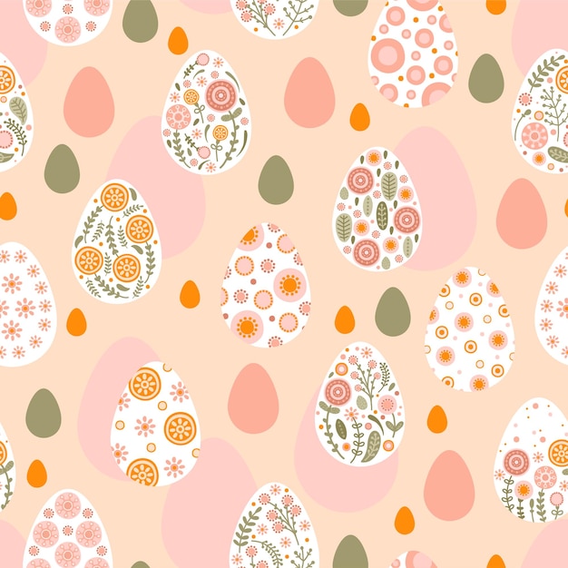 Patrón sin costuras silueta huevos de Pascua y flores en estilo plano Ilustración coloridos huevos de primavera en estilo folclórico para papel tapiz tela textil diseño de papel de envolver Vector