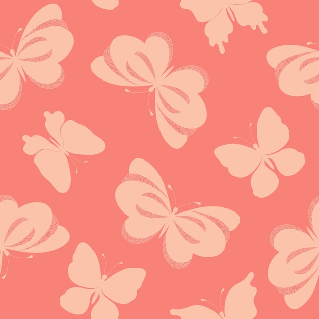 Patrón sin costuras con siluetas de mariposas dibujadas a mano sobre fondo rosa