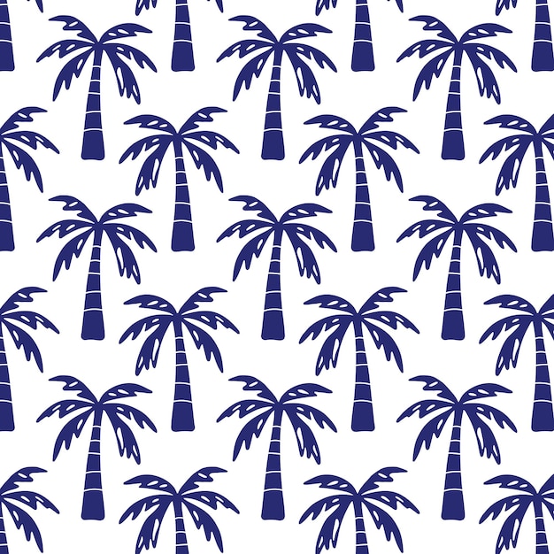 Patrón sin costuras con siluetas de palmeras dibujadas a mano en azul marino Diseño de verano tropical perfecto para papel tapiz de embalaje de tela y proyectos temáticos de vacaciones