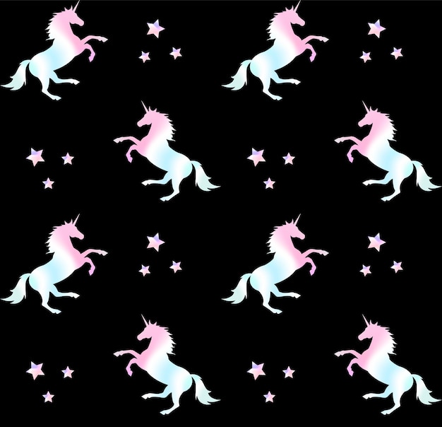 Patrón sin costuras de siluetas de unicornio holográficas