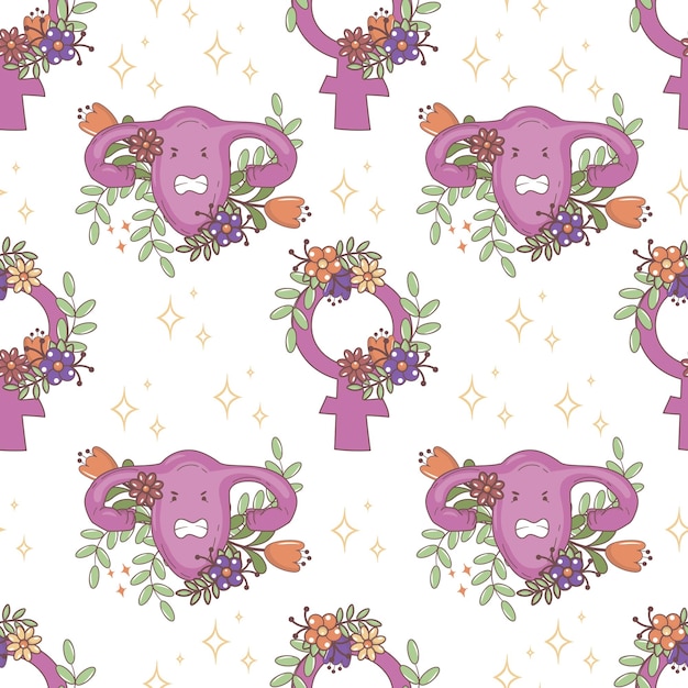 Patrón sin costuras con símbolo femenino y útero malvado en estilo garabato Impresión feminista para ropa textil papel de regalo