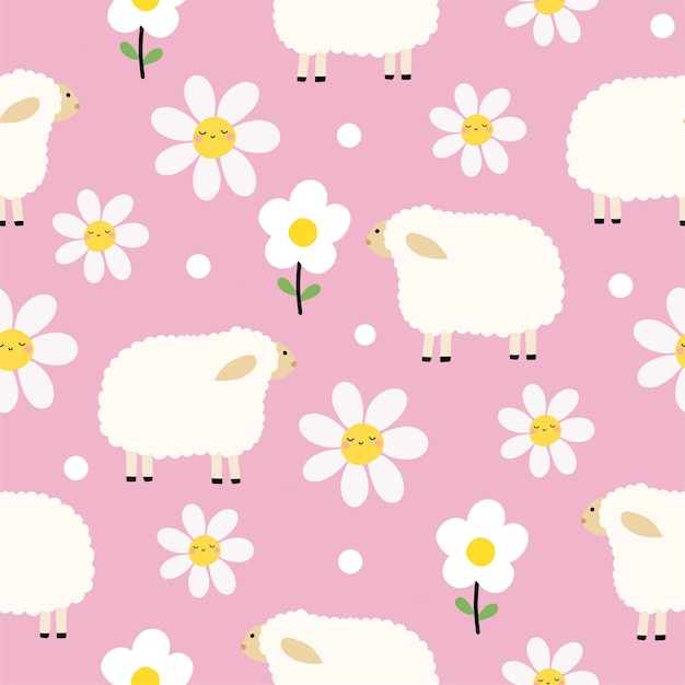 Patrón sin costuras con simpáticas ovejas margarita floral para su tela niños ropa textil decoración de guardería regalo envoltura de papel bebés camisa ilustración vectorial