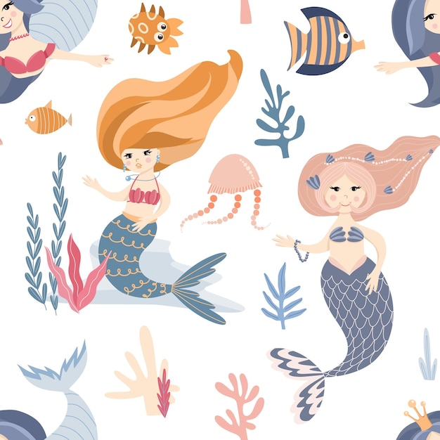 El patrón sin costuras de las sirenas bonitas criaturas marinas algas