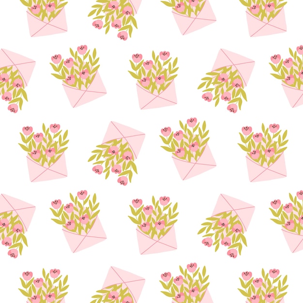 Patrón sin costuras con sobre y flores Ilustración vectorial Estilo plano dibujado a mano Estampado de primavera con letras y hojas