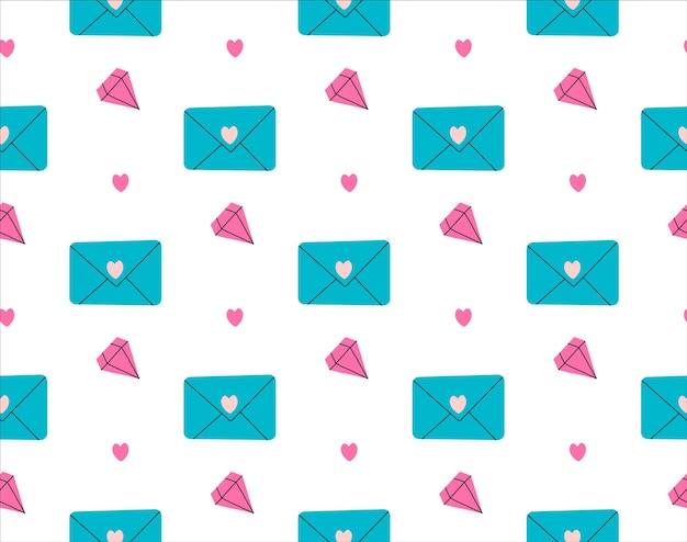 Patrón sin costuras con sobres cristales y corazones para la carta de amor del Día de San Valentín
