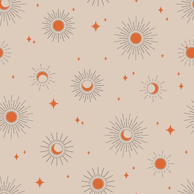 Patrón sin costuras con sol y luna Composición contemporánea bohemia Decoración de pared boho