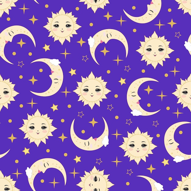 Un patrón sin costuras con el sol, la luna y las estrellas contra un fondo azul y púrpura Este es un patrón infantil