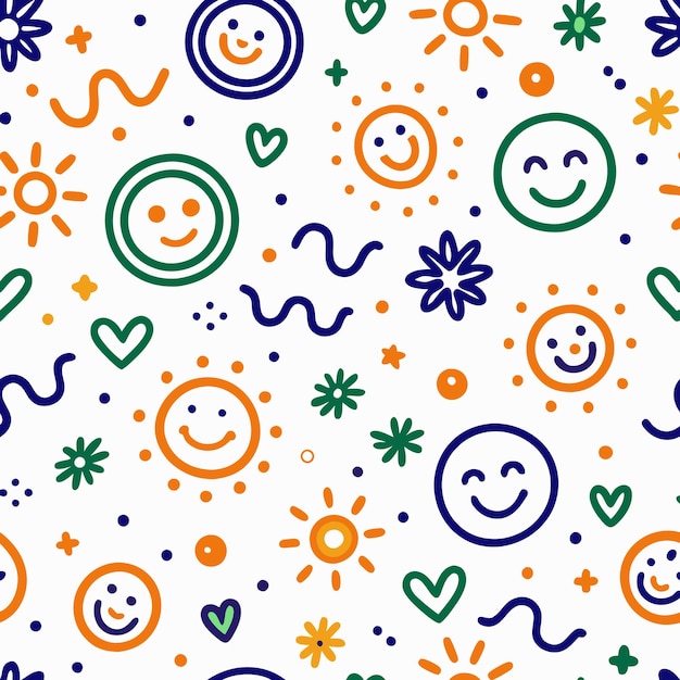 Patrón sin costuras con soles corazones flores y caras sonrientes