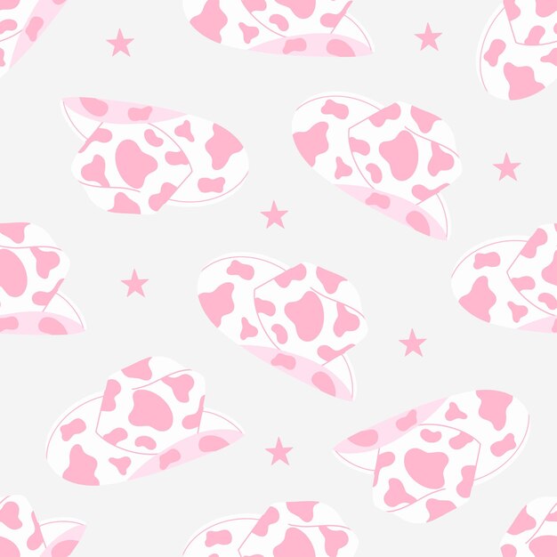 Patrón sin costuras con sombrero de vaquero estrellas sombrero rosado de moda de vaquera con estampado de vaca palabra occidental occidental
