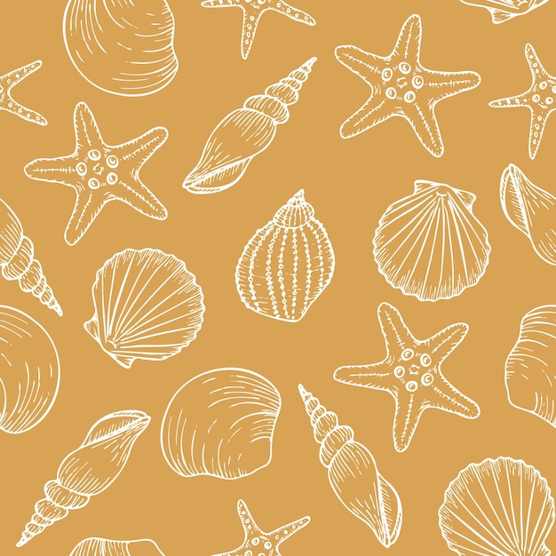 Patrón sin costuras submarino con línea de conchas marinas ilustraciones artísticas en color blanco sobre fondo amarillo dibujo de esquizo de conchas marítimas impresión de playa de océano de verano para tela textil de fondo