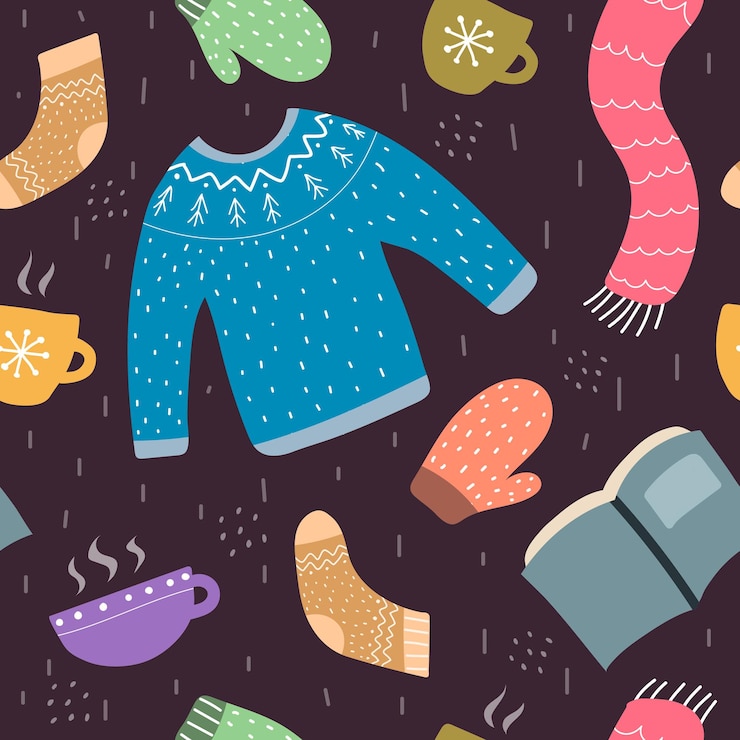 Vector patrón sin costuras con suéter de dibujos animados calcetines tazas bufanda mitones libro
