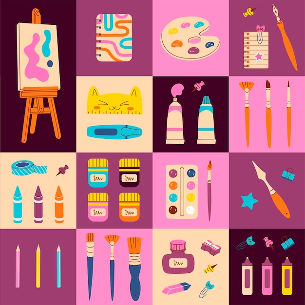 Patrón sin costuras con suministros de arte con estilo geométrico de moda Fondo de suministro de arte Tubos de pintura lápiz acuarela lápices de colores pinceles de paleta de colores Ilustración plana dibujada a mano vectorial