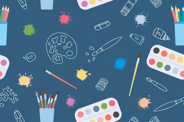 Patrón sin costuras de suministros de arte y puntos coloridos Impresión a color para suministros escolares de día de artista internacional De vuelta a la escuela tema de la escuela de arte Estilo plano y garabateo