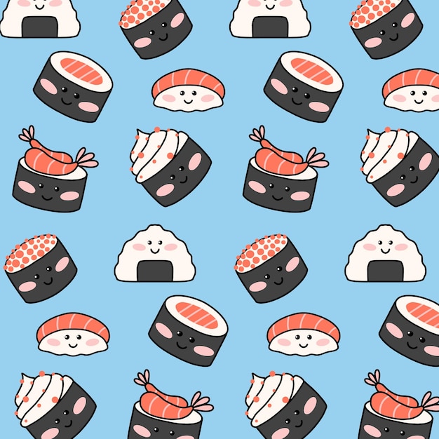 Patrón sin costuras con sushi divertido en estilo kawaii Ilustración vectorial Estilo de dibujos animados