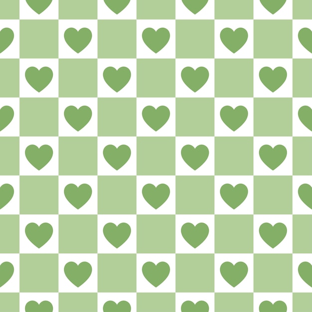 Patrón sin costuras con tablero de ajedrez verde y corazones verdes.