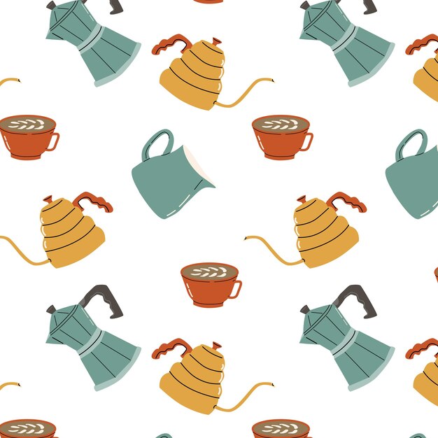 Patrón sin costuras con taza de café y tetera de leche que se puede usar para cartel de papel de envoltura de textiles de cocina