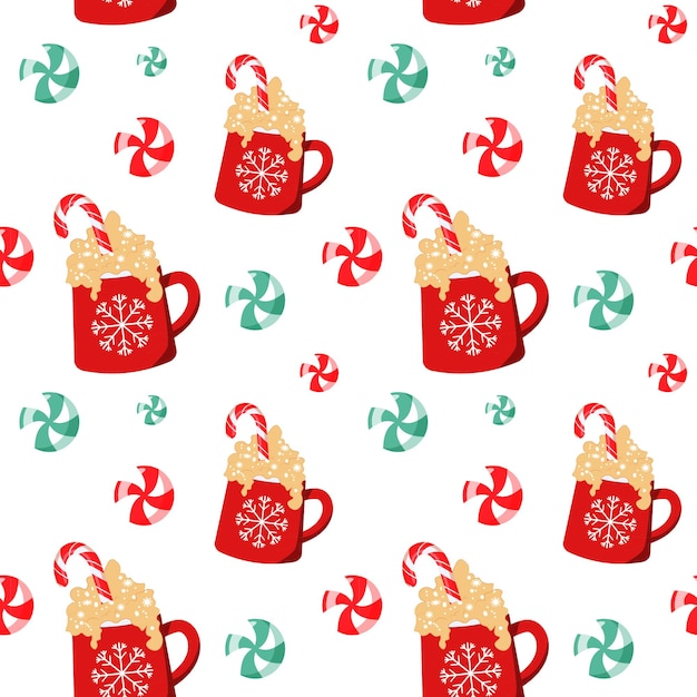 Patrón sin costuras Taza roja con una bebida caliente Tarjeta linda de Navidad Ilustración vectorial