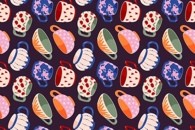 Patrón sin costuras con taza de té y taza de colores en un fondo oscuro en estilo plano perfecto para la cocina