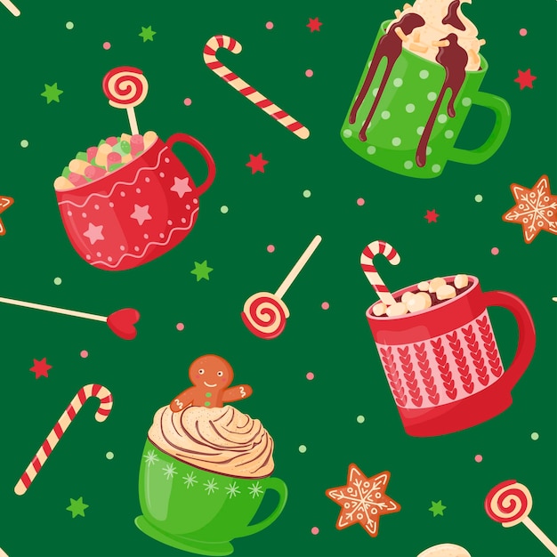 Patrón sin costuras tazas bonitas festivas con cacao caliente café chocolate crema batida malvaviscos y dulces