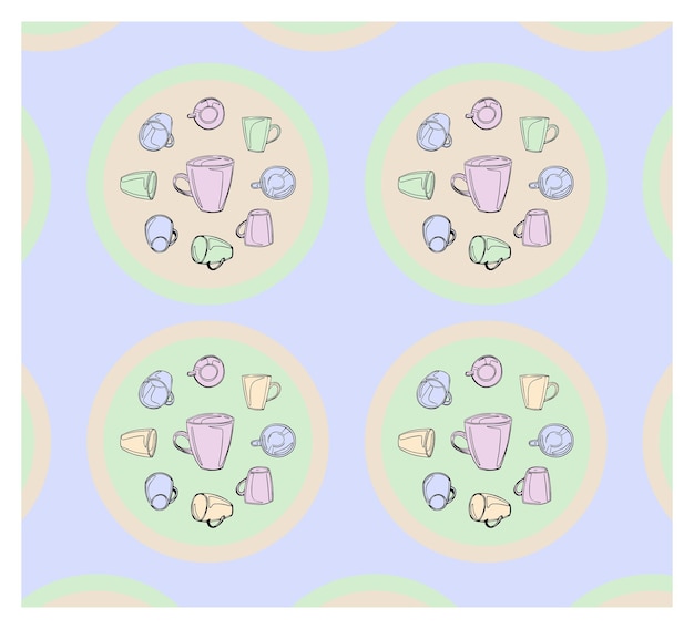 Patrón sin costuras con tazas Un conjunto de ilustraciones vectoriales con tazas de diferentes colores