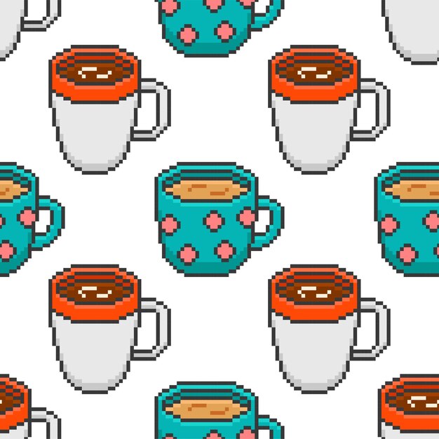 Patrón sin costuras con tazas de píxeles Ilustración vectorial de papel de pared con tazas coloridas