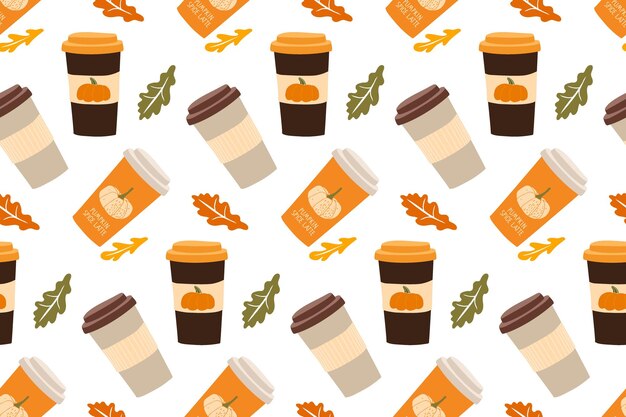 Patrón sin costuras con tazas de quitar y hojas de otoño que caen calabaza especia café con leche bebidas calientes bebida de temporada de otoño fondo para el menú papel tapiz papel de envoltura scrapbooking textil
