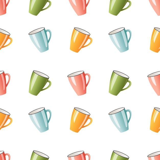 Patrón sin costuras con tazas Tazas de colores aisladas sobre un fondo blanco Bebidas de café y té
