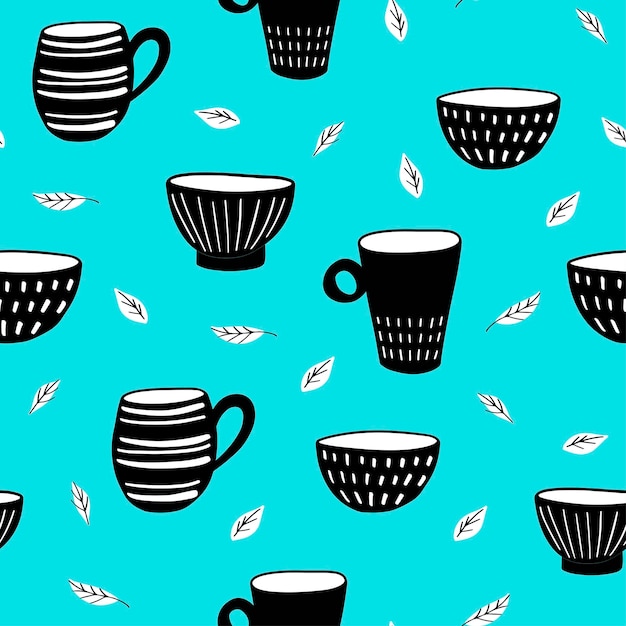 Patrón sin costuras de tazas y tazones hojas de té Estilo plano Concepto para el estudio de cerámica de la fiesta del té Diseño impreso en las redes sociales papel tapiz textil papel de regalo volante decoración del hogar