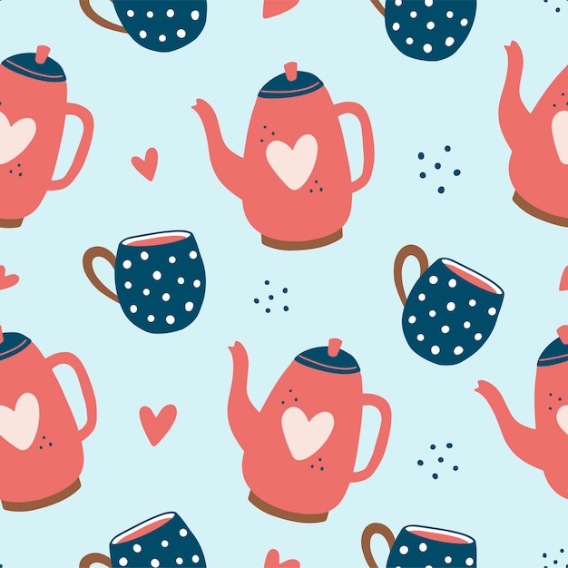 Patrón sin costuras de tazas y teteras Telón de fondo azul Estilo acogedor Hygge para la temporada de invierno Diseño impreso en redes sociales tela de cocina papel tapiz textil papel de regalo banner volante tee print