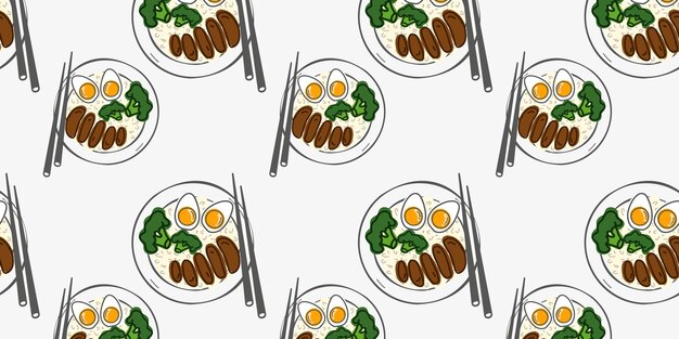 Patrón sin costuras con tazón de arroz de cerdo Teriyaki. Vista superior. ilustración vectorial