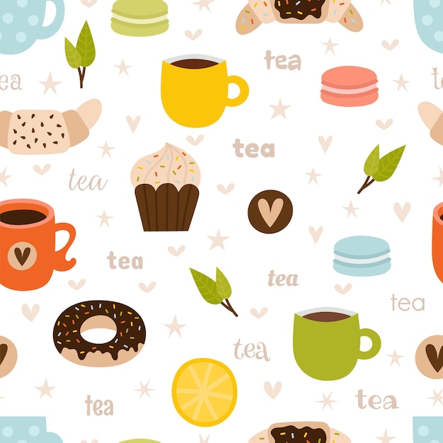 Patrón sin costuras de té dibujado a mano Conjunto de símbolos, objetos y elementos de la fiesta del té