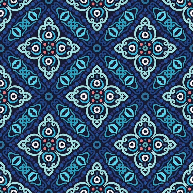 Patrón sin costuras Tejido de fondo Ornamento floreciente Vector Decoración de lujo intrincada Ilustración azul Impresión de tela decorativa Muebles papel tapiz textil Almohada Elemento de diseño de interiores