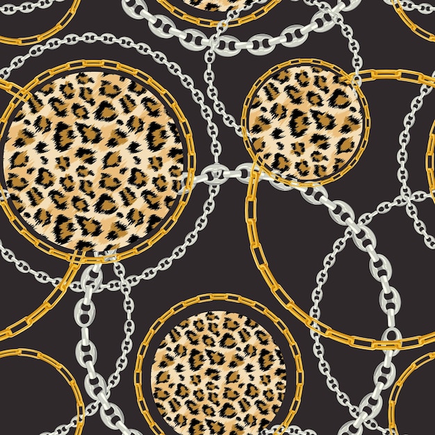 Patrón sin costuras de tela de moda de lujo con cadenas de oro y fondo de piel de leopardo. papel pintado de piel de animales silvestres y joyas doradas para diseño textil. ilustración vectorial