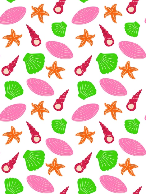 Patrón sin costuras en un tema marino conchas de diferentes colores y formas estrellas de mar
