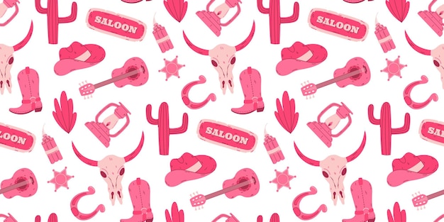 Patrón sin costuras de temática occidental con íconos de vaqueras e ilustraciones rosadas